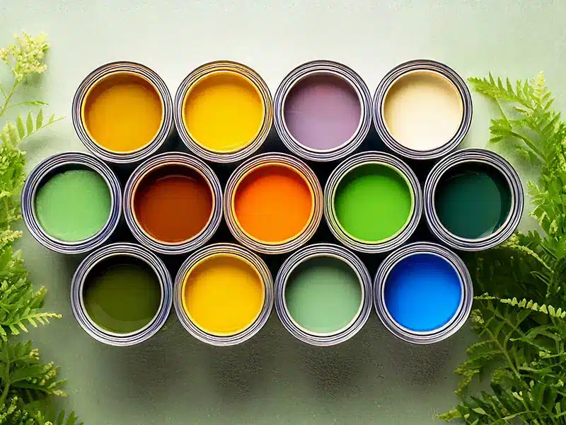 Contenitori-con-vernici-ecologiche-di-diverso-colore Contenitori con vernici ecologiche di diverso colore